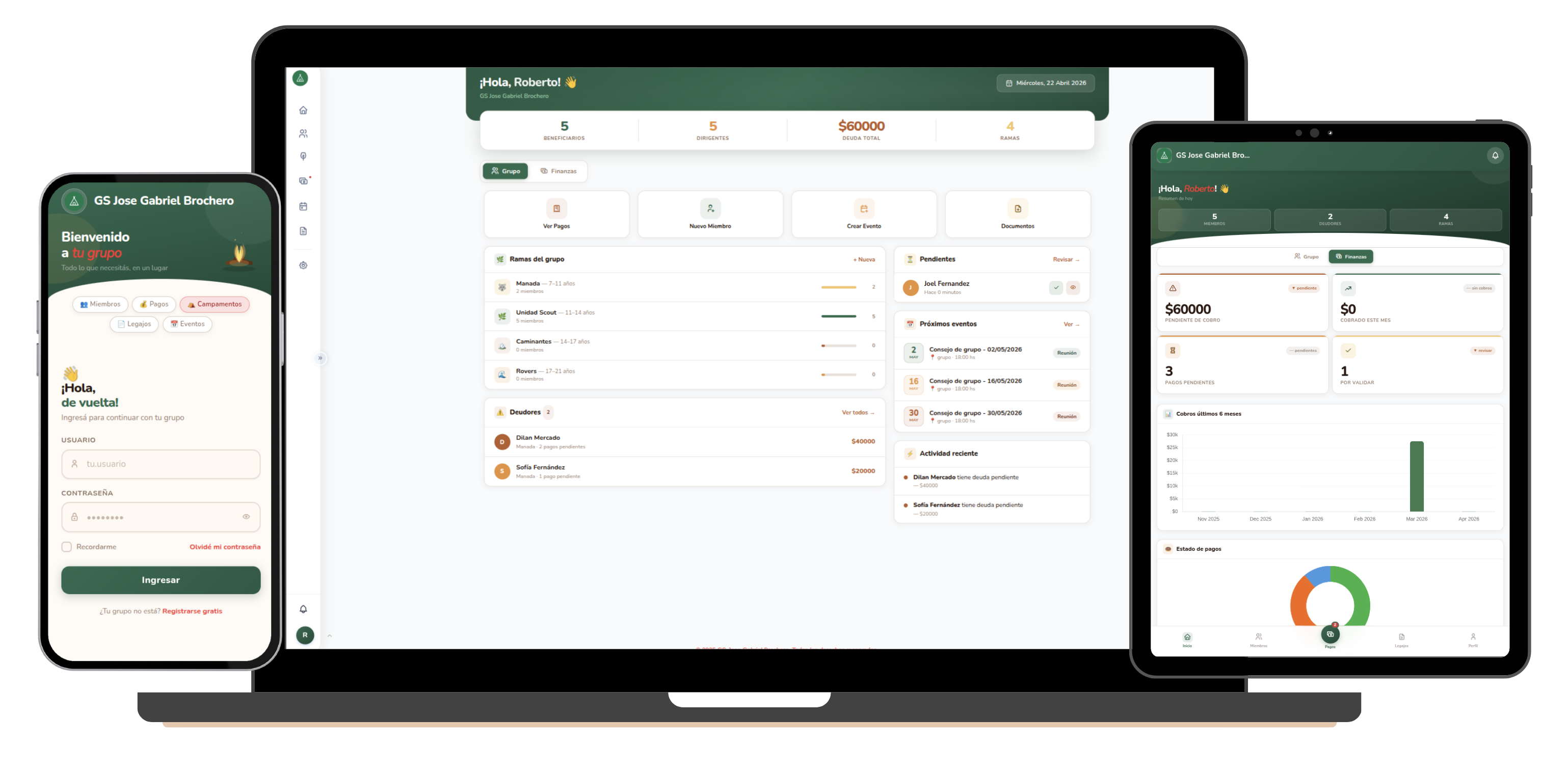 Sistema de gestión scout MiGrupo funcionando en celular, tablet y computadora